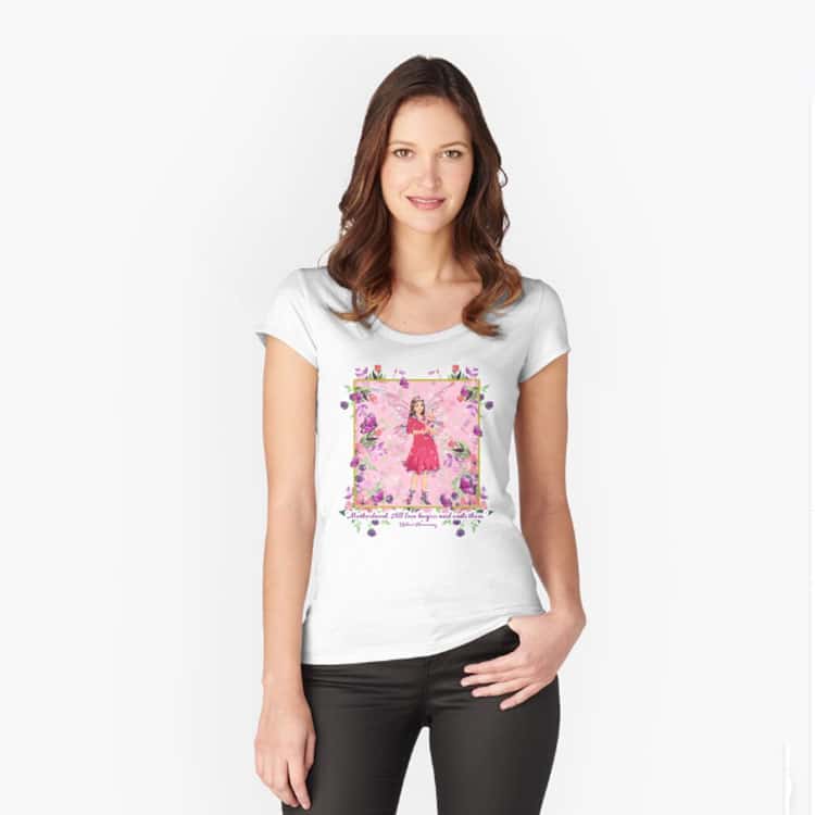 pink background and floral border fitted scoop t shirt
